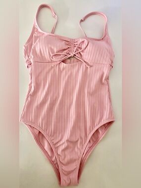 Shade & Shore Pink Ribbed One-Piece Swimsuit with Front Tie